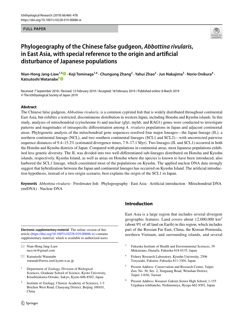 Phylogeography of the Chinese False Gudgeon, Abbottina Rivularis, in East Asia, with Special Reference to the Origin and Artifcial Disturbance of Japanese Populations