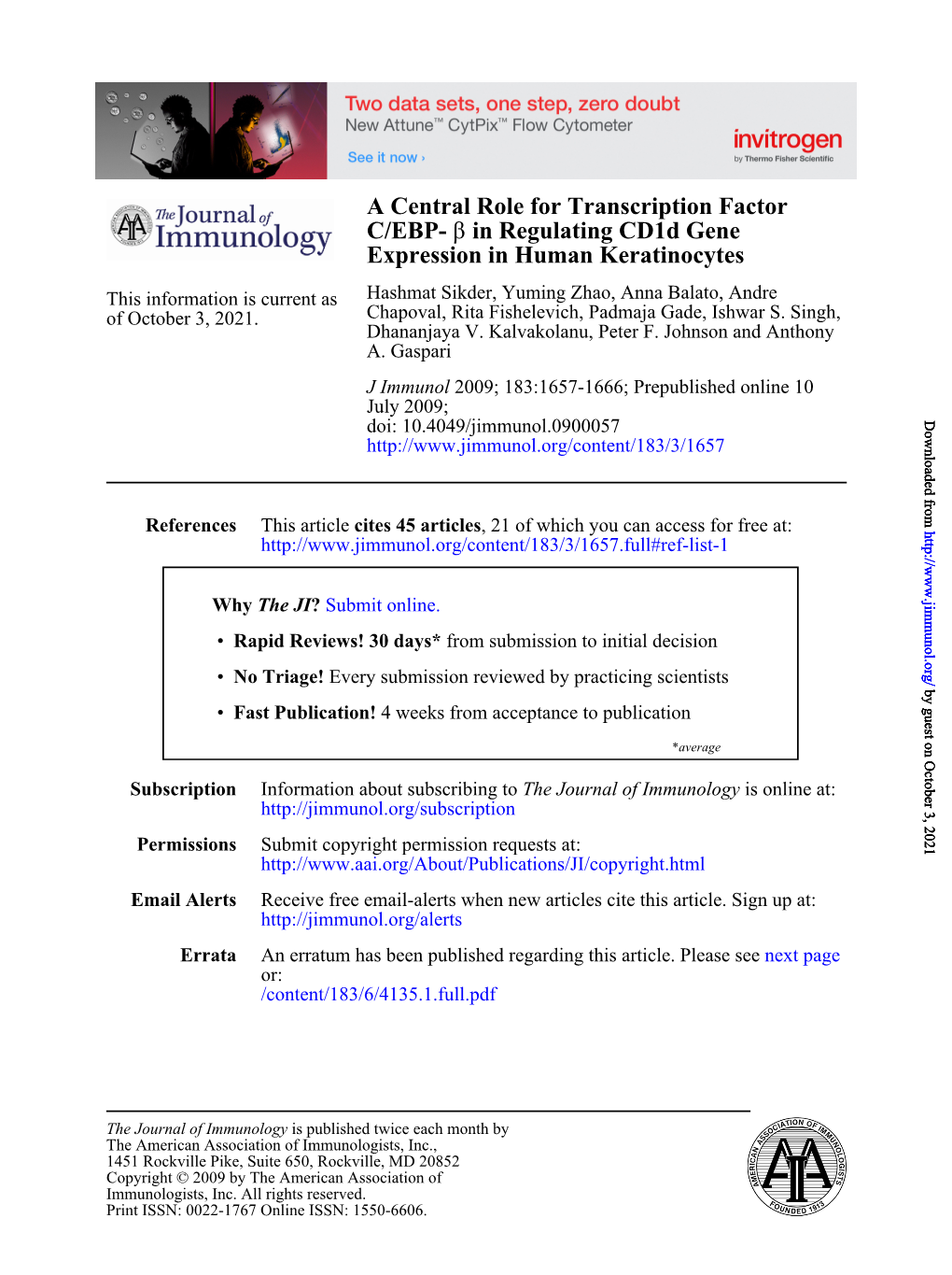 Expression in Human Keratinocytes in Regulating Cd1d Gene Β C/EBP