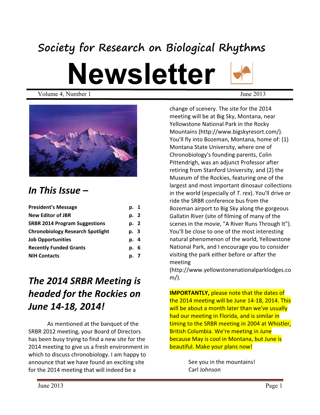 Newsletter Volume 4, Number 1 June 2013