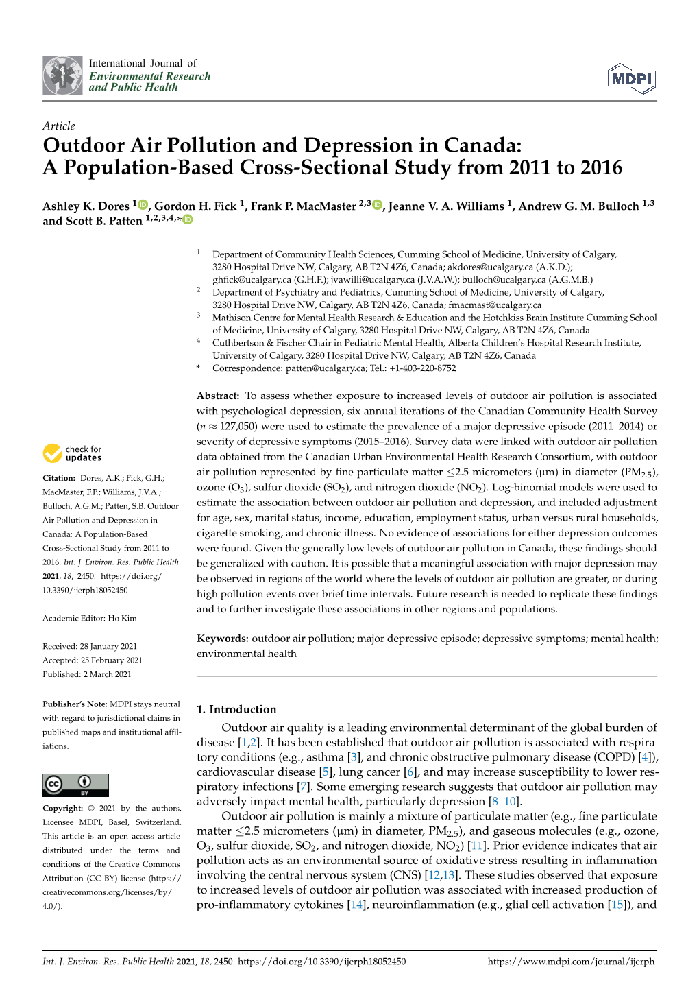 Outdoor Air Pollution and Depression in Canada: a Population-Based Cross-Sectional Study from 2011 to 2016