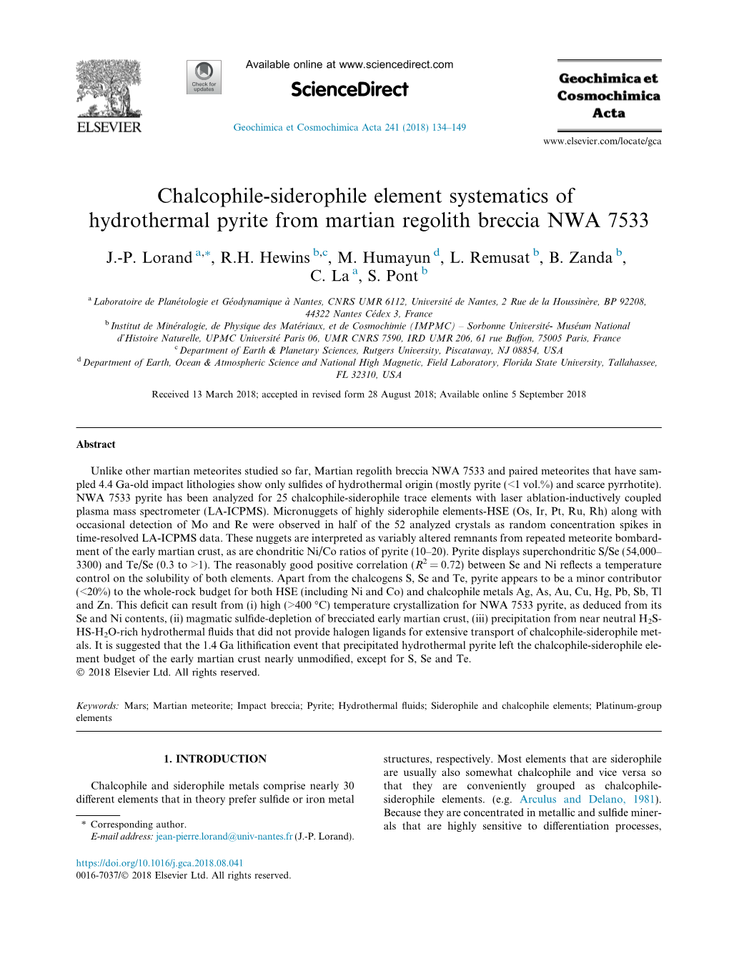 Chalcophile-Siderophile Element Systematics of Hydrothermal Pyrite from Martian Regolith Breccia NWA 7533