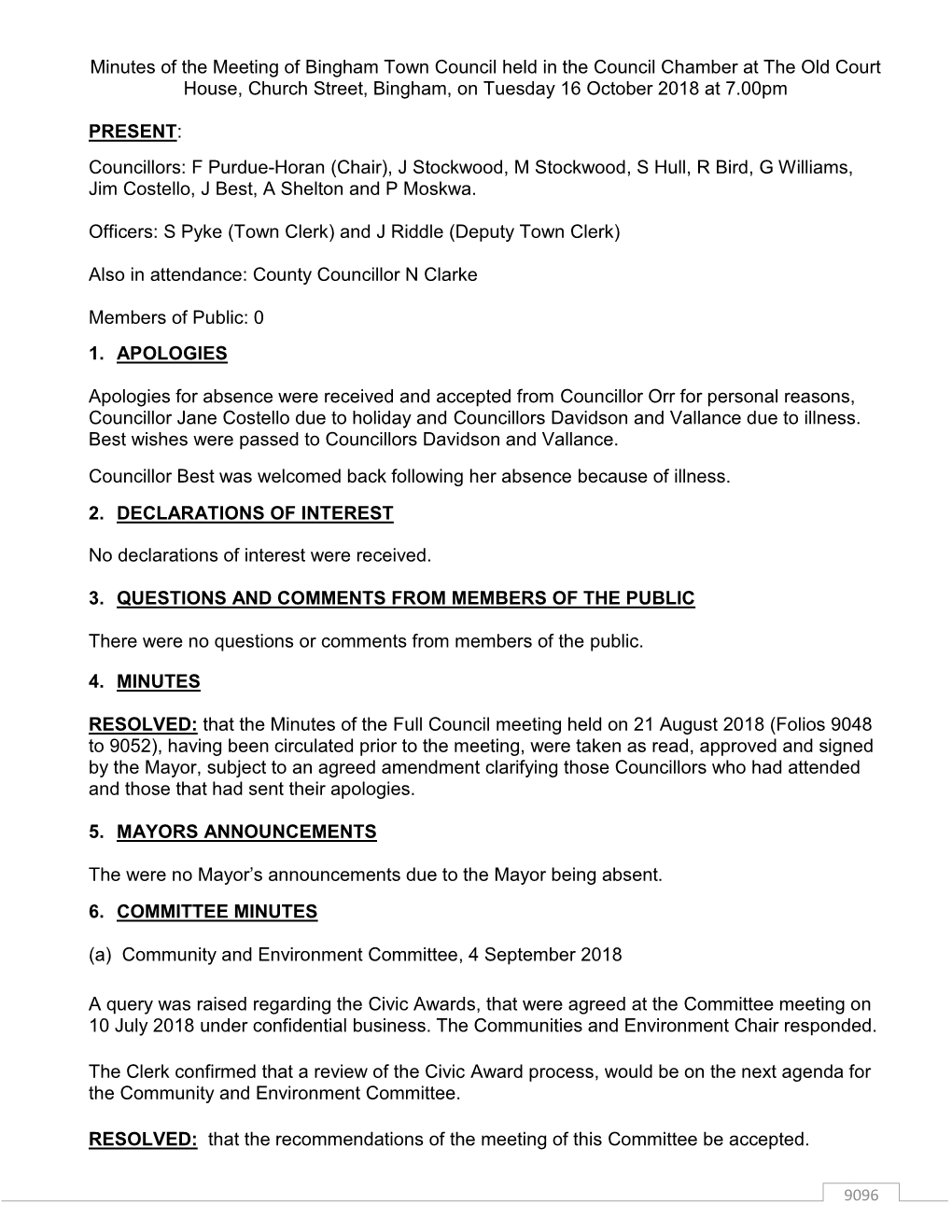 Minutes of the Meeting of Bingham Town Council Held in the Council Chamber at the Old Court House, Church Street, Bingham, on Tuesday 16 October 2018 at 7.00Pm