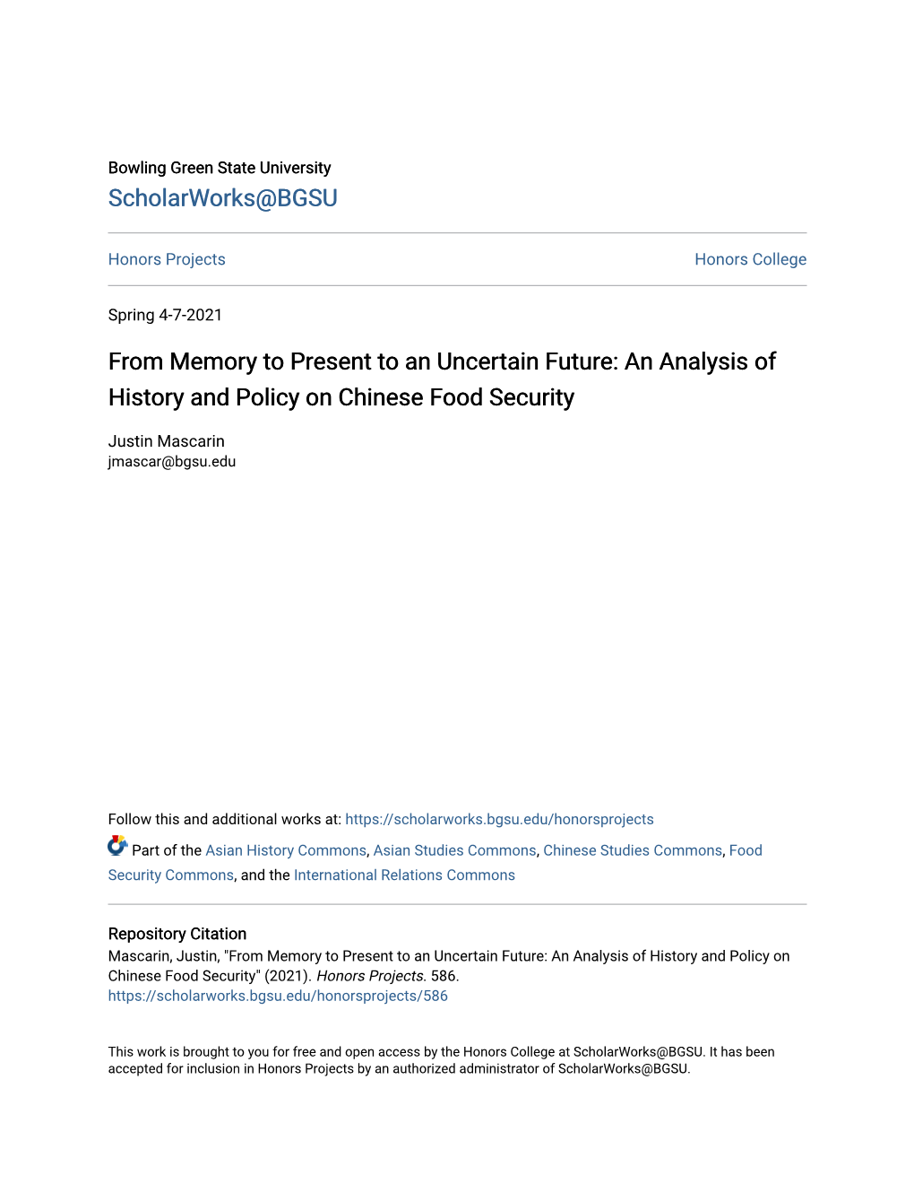 An Analysis of History and Policy on Chinese Food Security