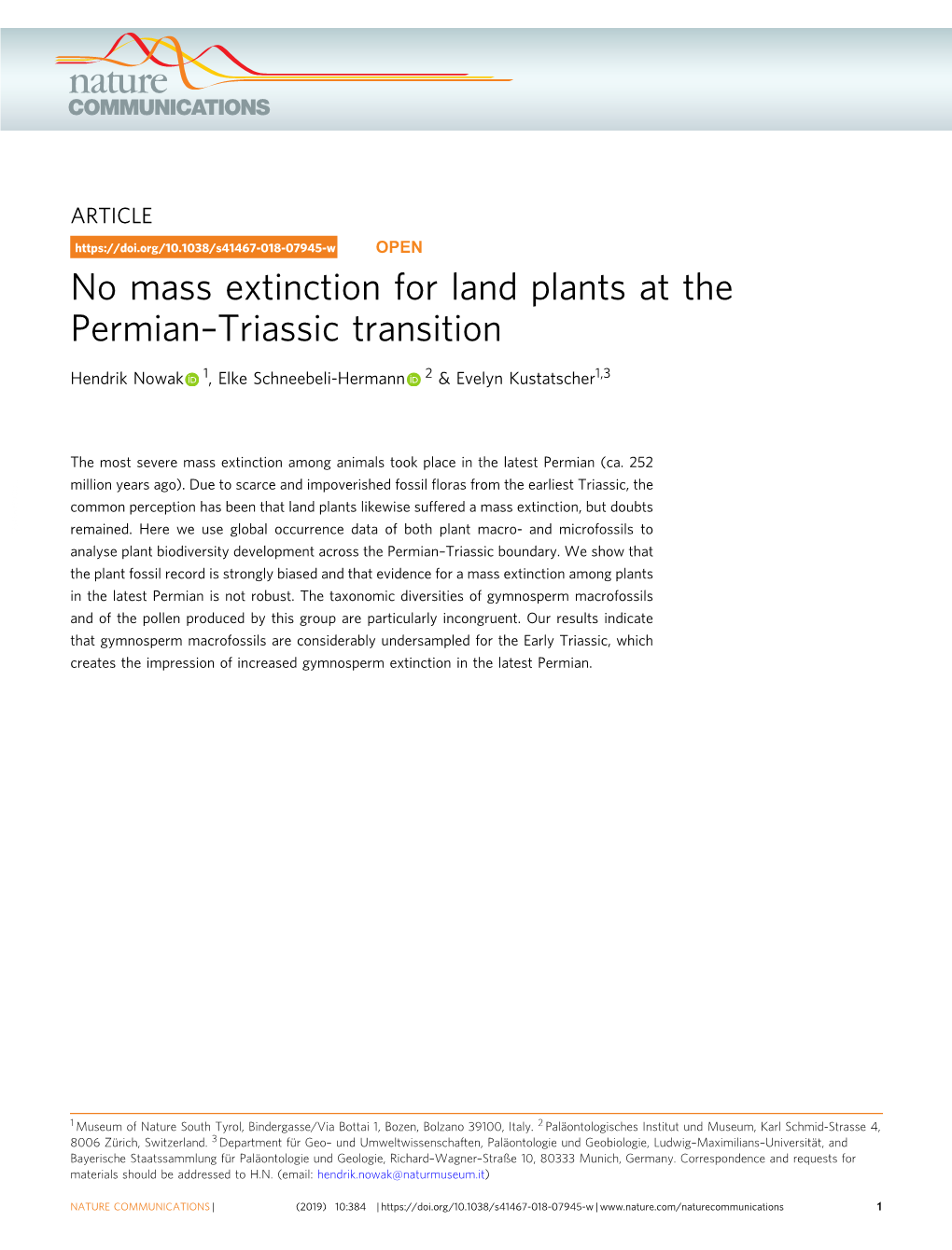 No Mass Extinction for Land Plants at the Permianâ€“Triassic Transition