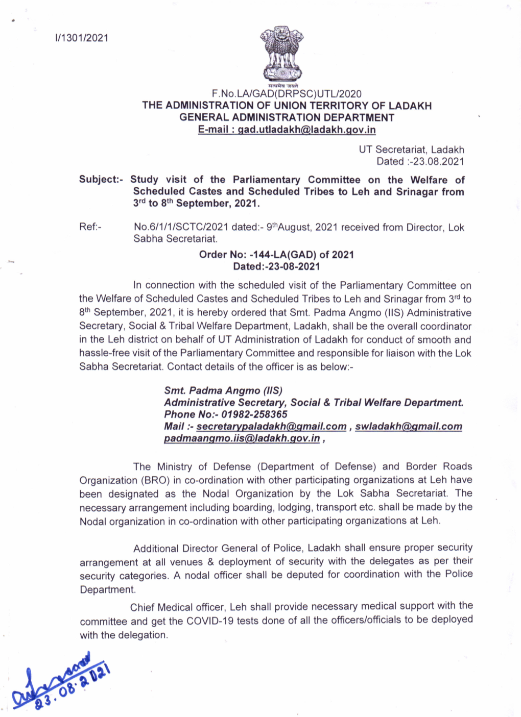1/1301/2021 F.No.Lalgad(DRPSC)Utll2020 the ADMINISTRATION of UNION TERRITORY of LADAKH GENERAL ADMINISTRATION DEPARTMENT E-Mail