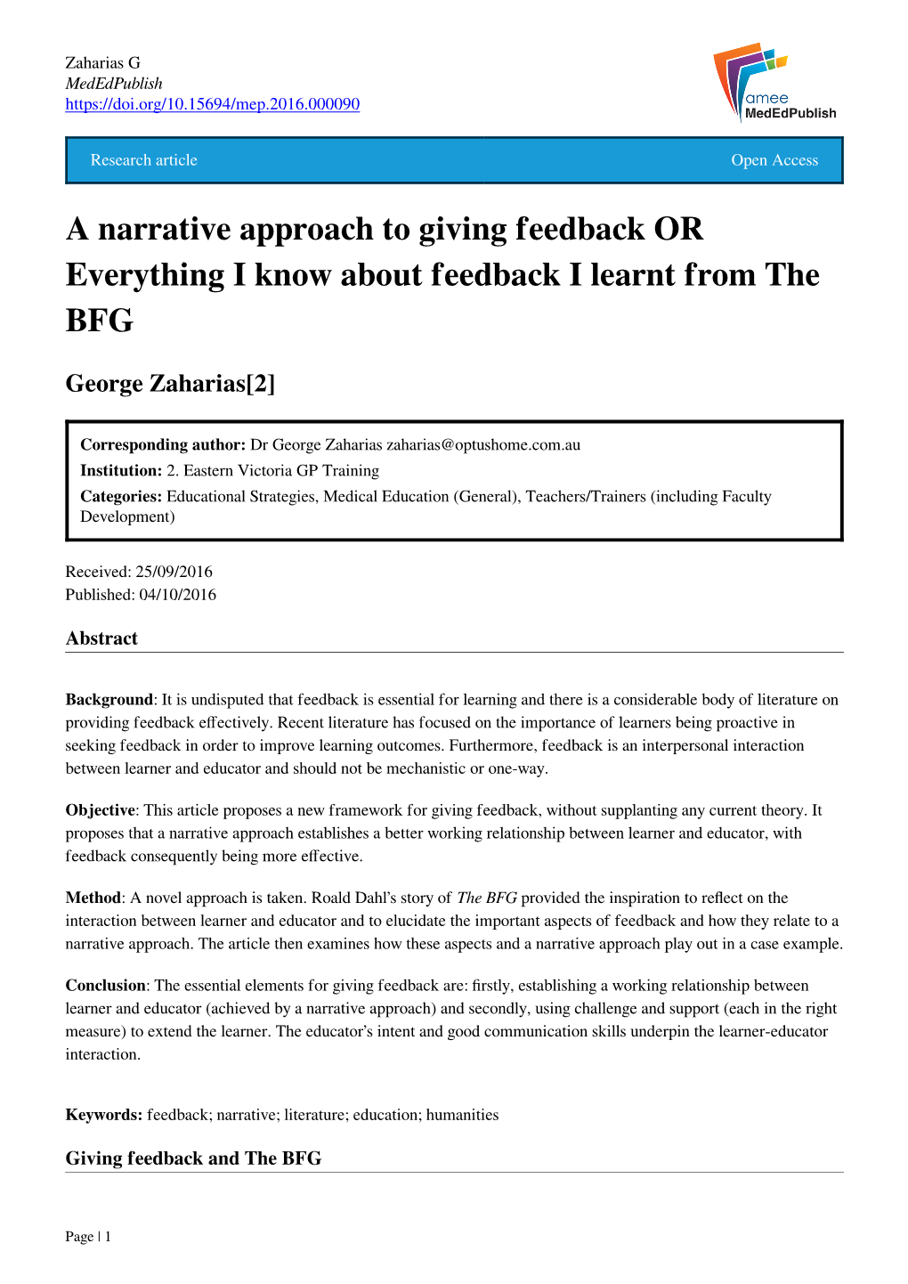 A Narrative Approach to Giving Feedback OR Everything I Know About Feedback I Learnt from the BFG