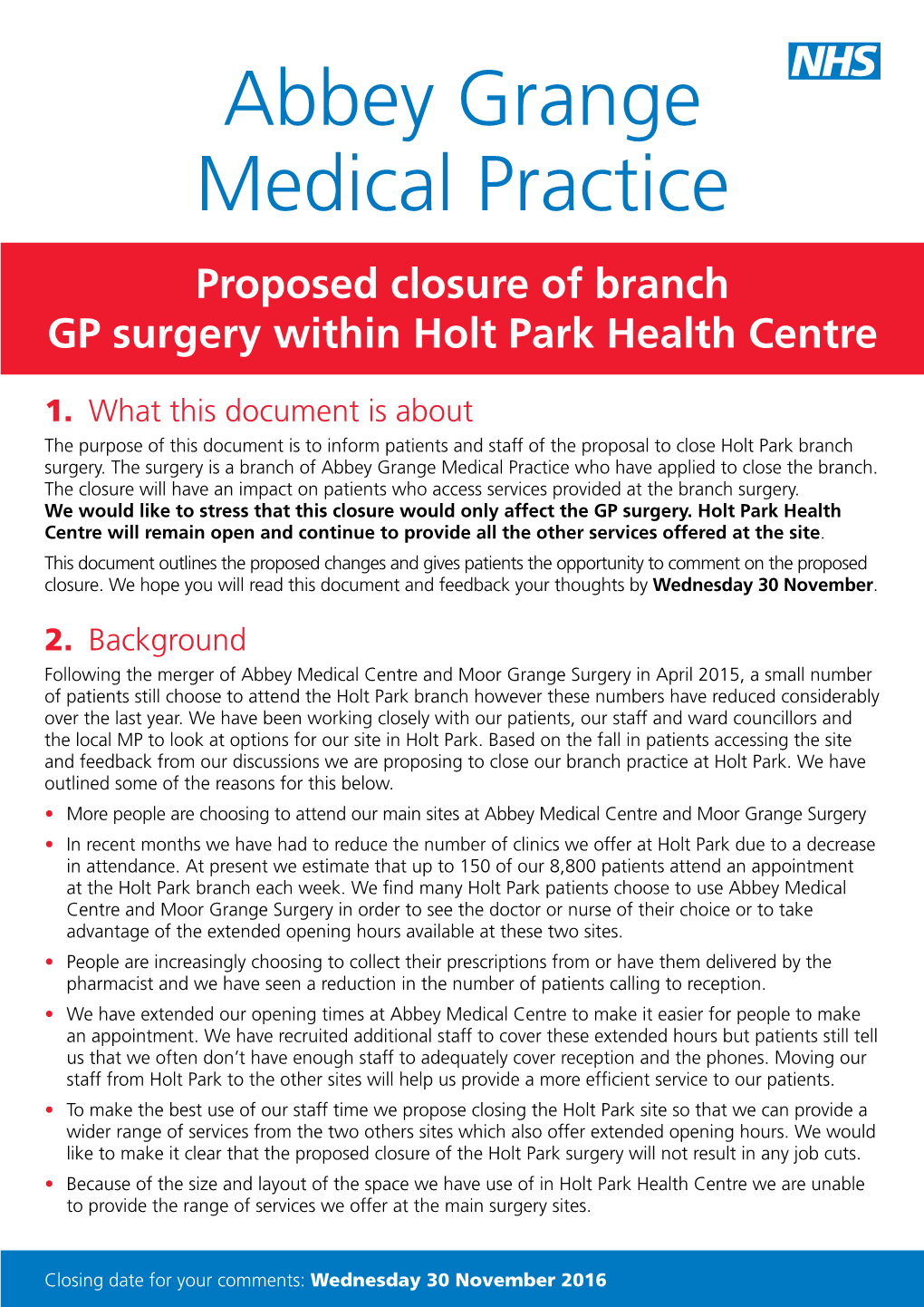 Abbey Grange Medical Practice Who Have Applied to Close the Branch