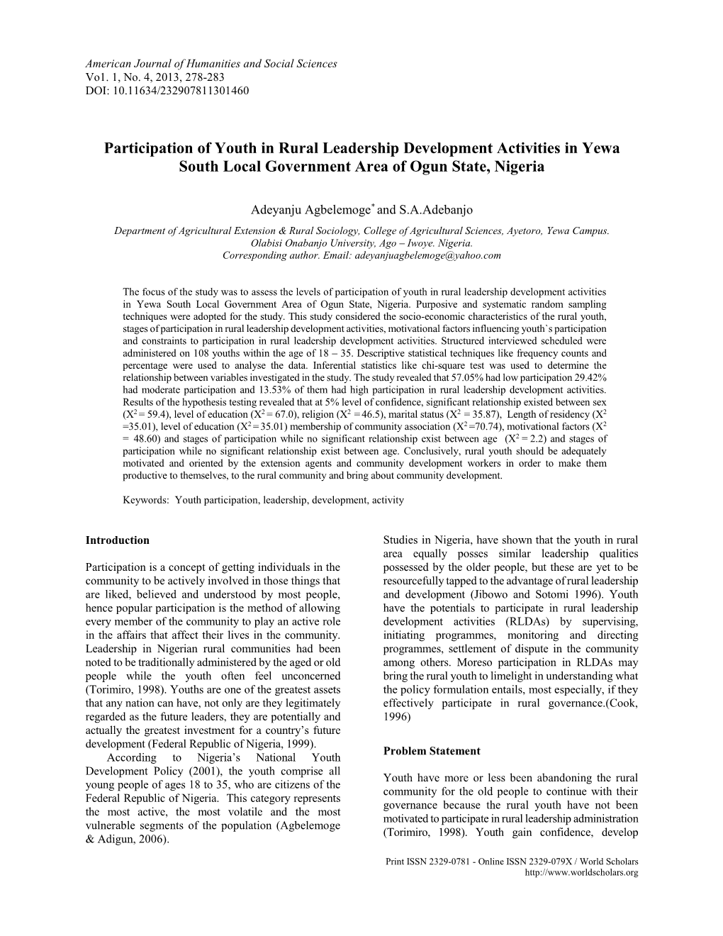 Participation of Youth in Rural Leadership Development Activities in Yewa South Local Government Area of Ogun State, Nigeria