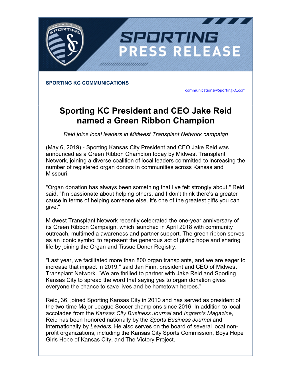 Sporting KC President and CEO Jake Reid Named a Green Ribbon Champion