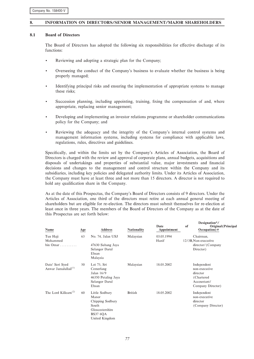 8. Information on Directors/Senior Management/Major Shareholders