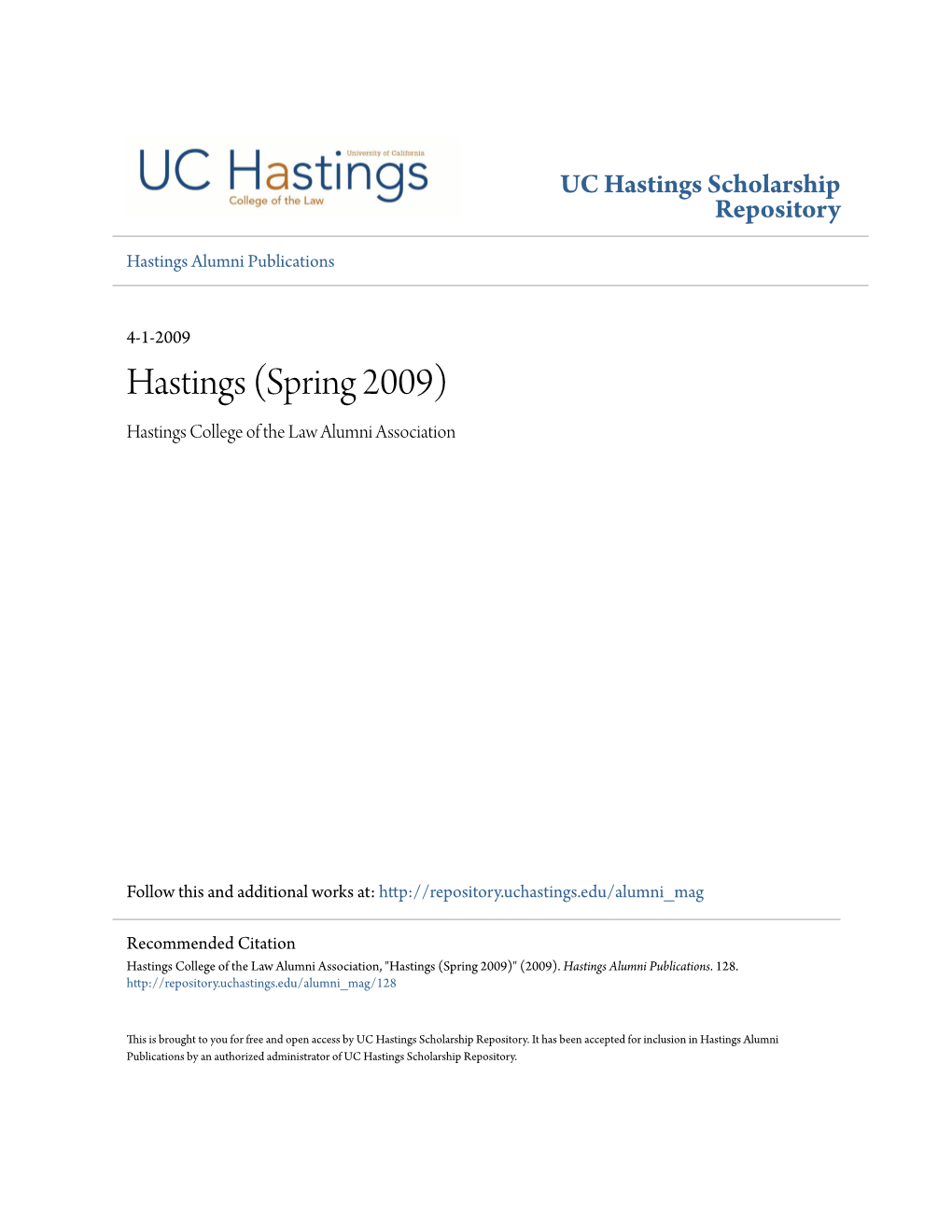 Hastings (Spring 2009) Hastings College of the Law Alumni Association