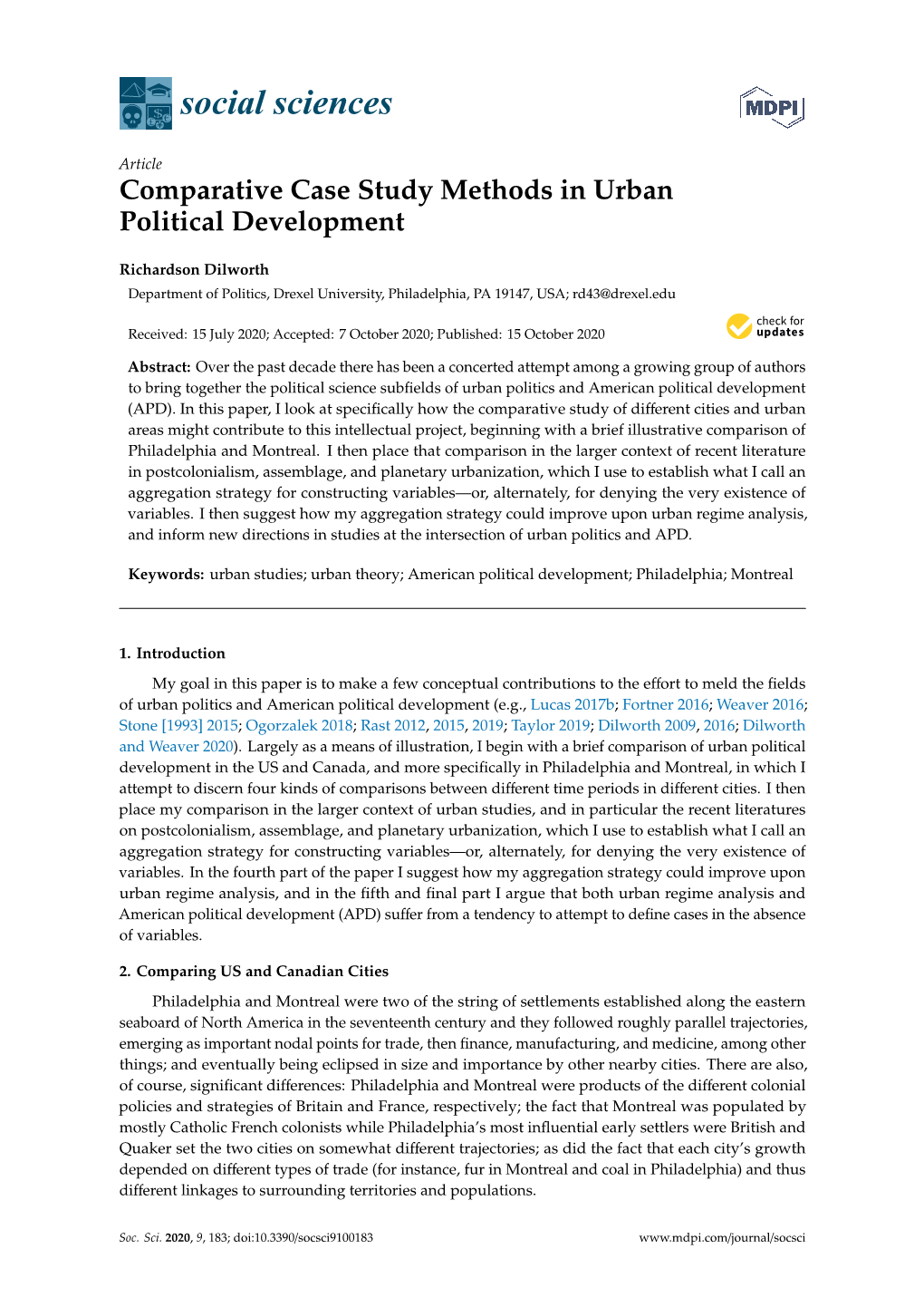 Comparative Case Study Methods in Urban Political Development