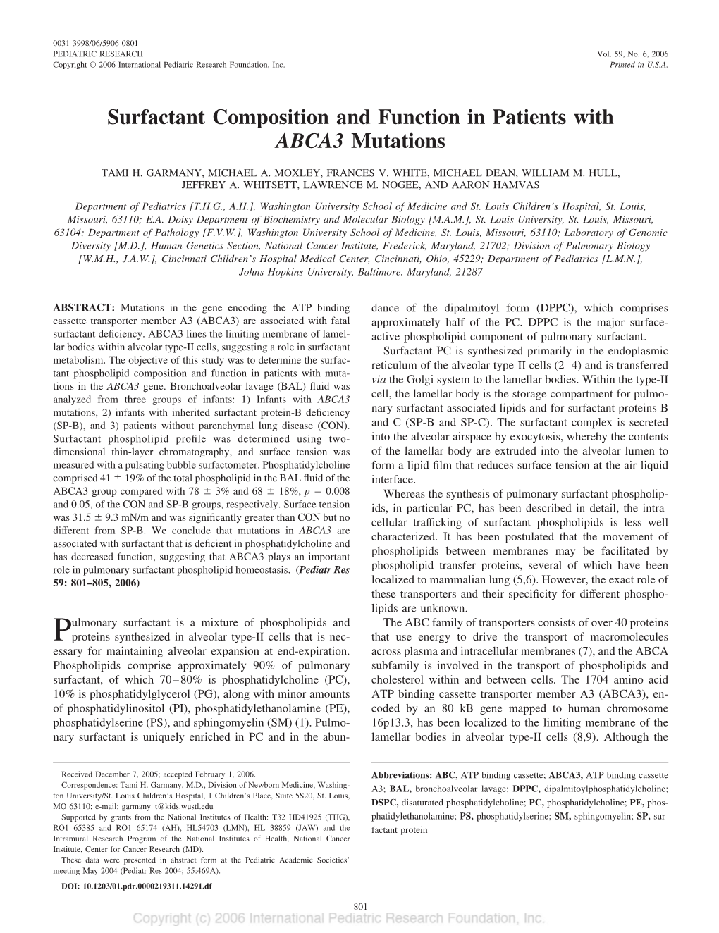 Surfactant Composition and Function in Patients with ABCA3 Mutations