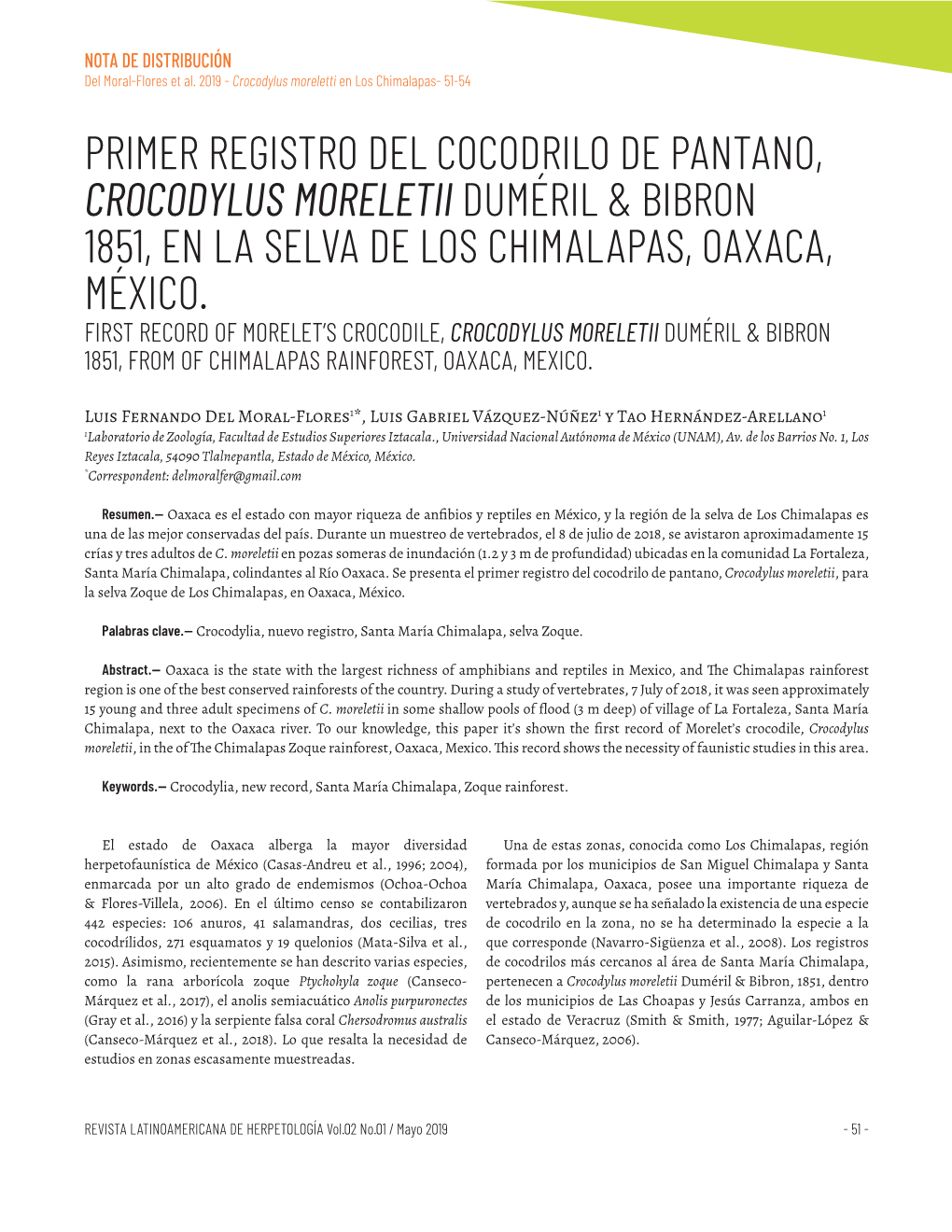 Primer Registro Del Cocodrilo De Pantano, Crocodylus Moreletii Duméril & Bibron 1851, En La Selva De Los Chimalapas, Oaxaca, México