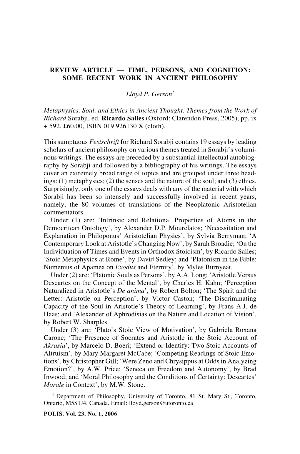 Review Article — Time, Persons, and Cognition: Some Recent Work in Ancient Philosophy