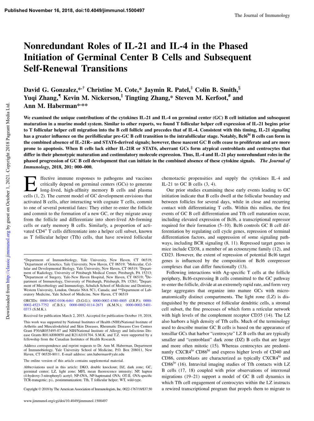 Nonredundant Roles of IL-21 and IL-4 in the Phased Initiation of Germinal Center B Cells and Subsequent Self-Renewal Transitions