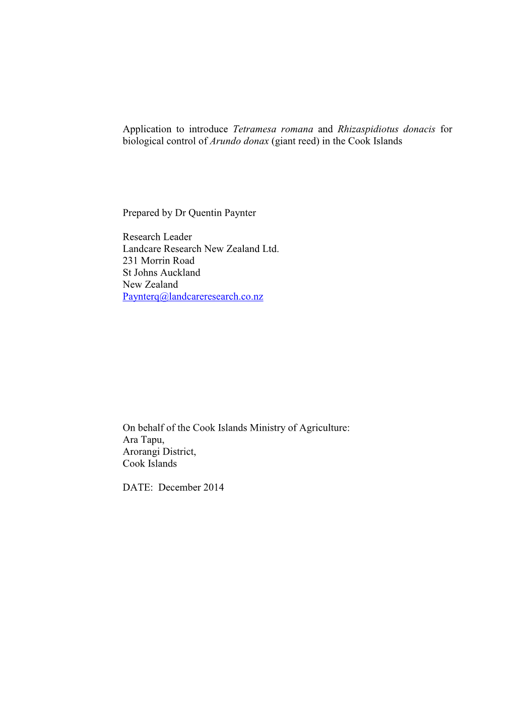 Application to Introduce Tetramesa Romana and Rhizaspidiotus Donacis for Biological Control of Arundo Donax (Giant Reed) in the Cook Islands