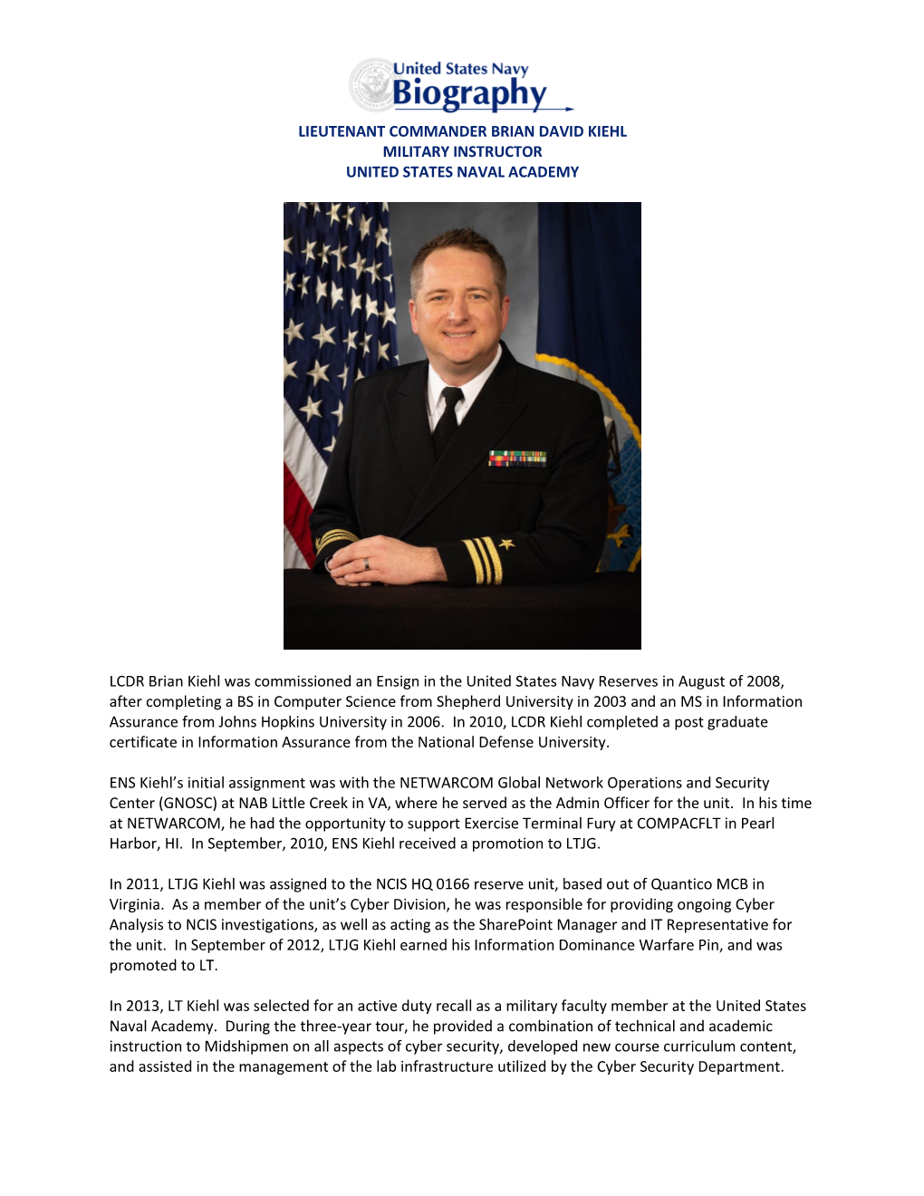 Lieutenant Commander Brian David Kiehl Military Instructor United States Naval Academy