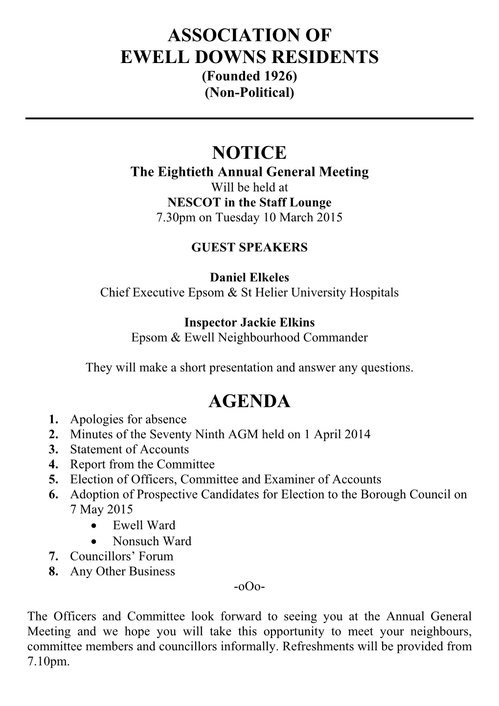 Association of Ewell Downs Residents Notice Agenda