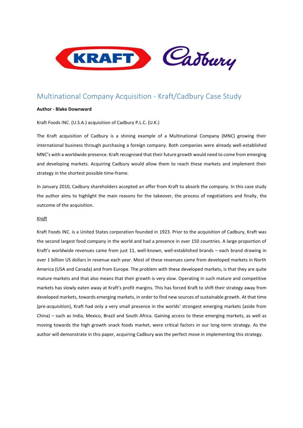 Multinational Company Acquisition - Kraft/Cadbury Case Study