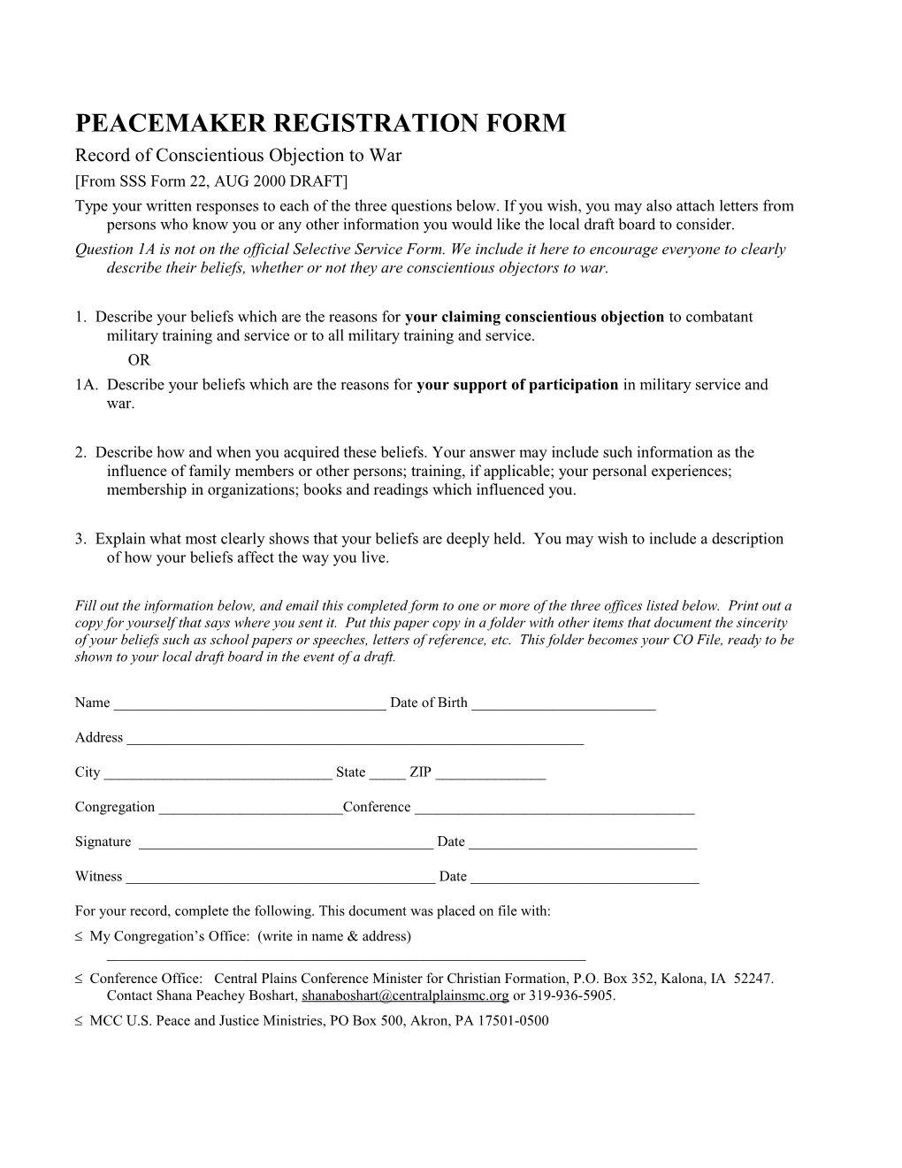 Peacemaker Registration Form