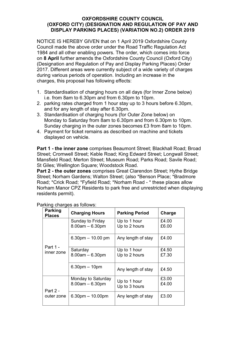 (Oxford City) (Designation and Regulation of Pay and Display Parking Places) (Variation No.2) Order 2019