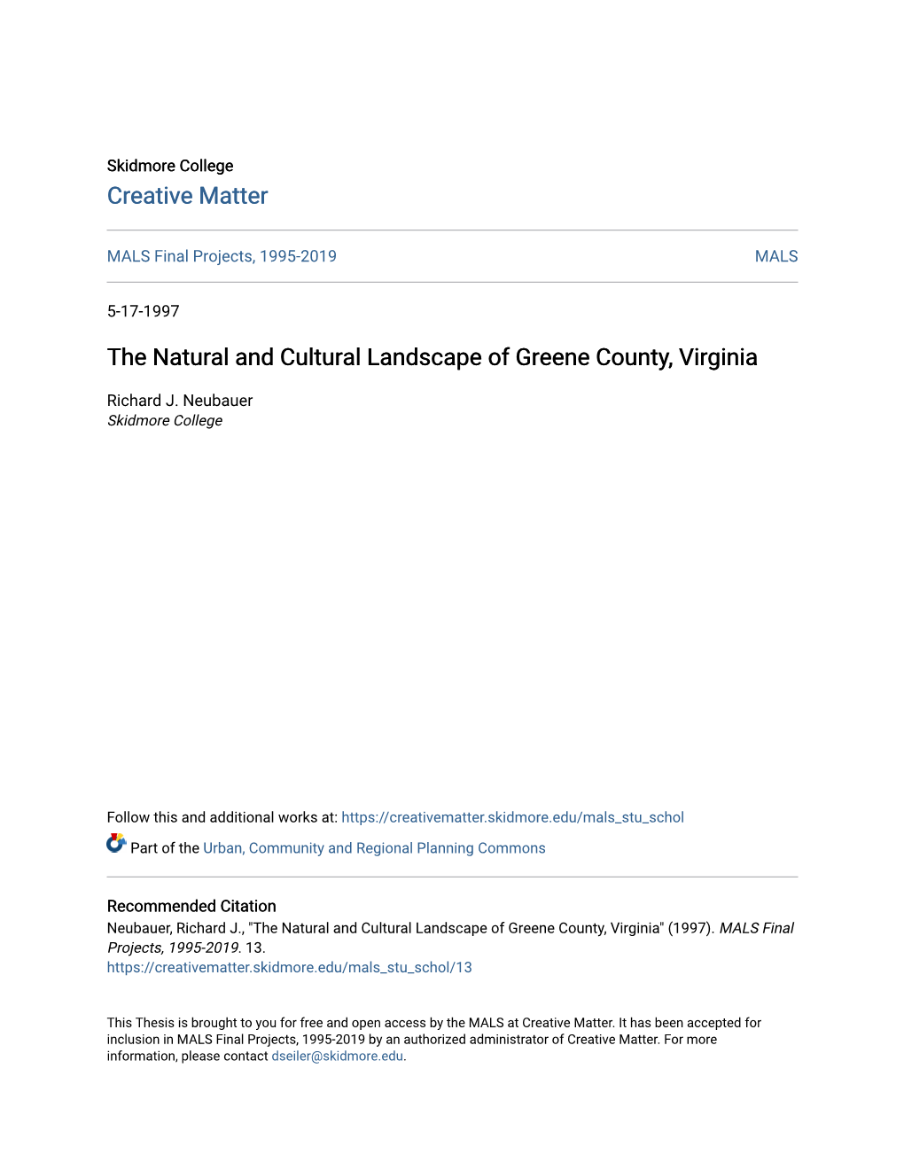 The Natural and Cultural Landscape of Greene County, Virginia