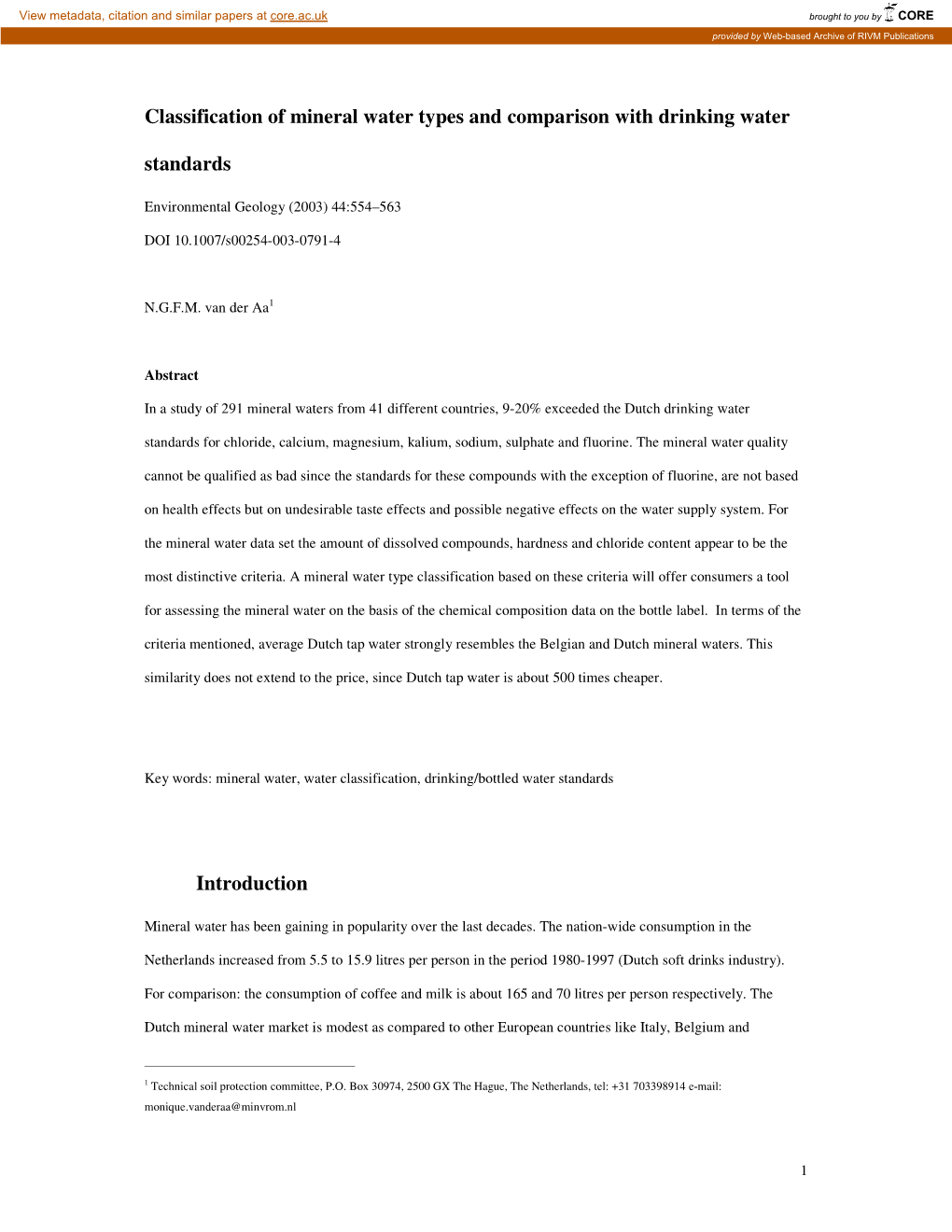 Classification of Mineral Water Types and Comparison with Drinking Water