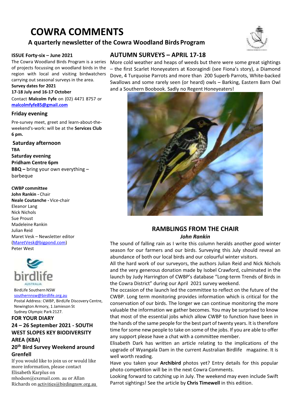 COWRA COMMENTS a Quarterly Newsletter of the Cowra Woodland Birds Program