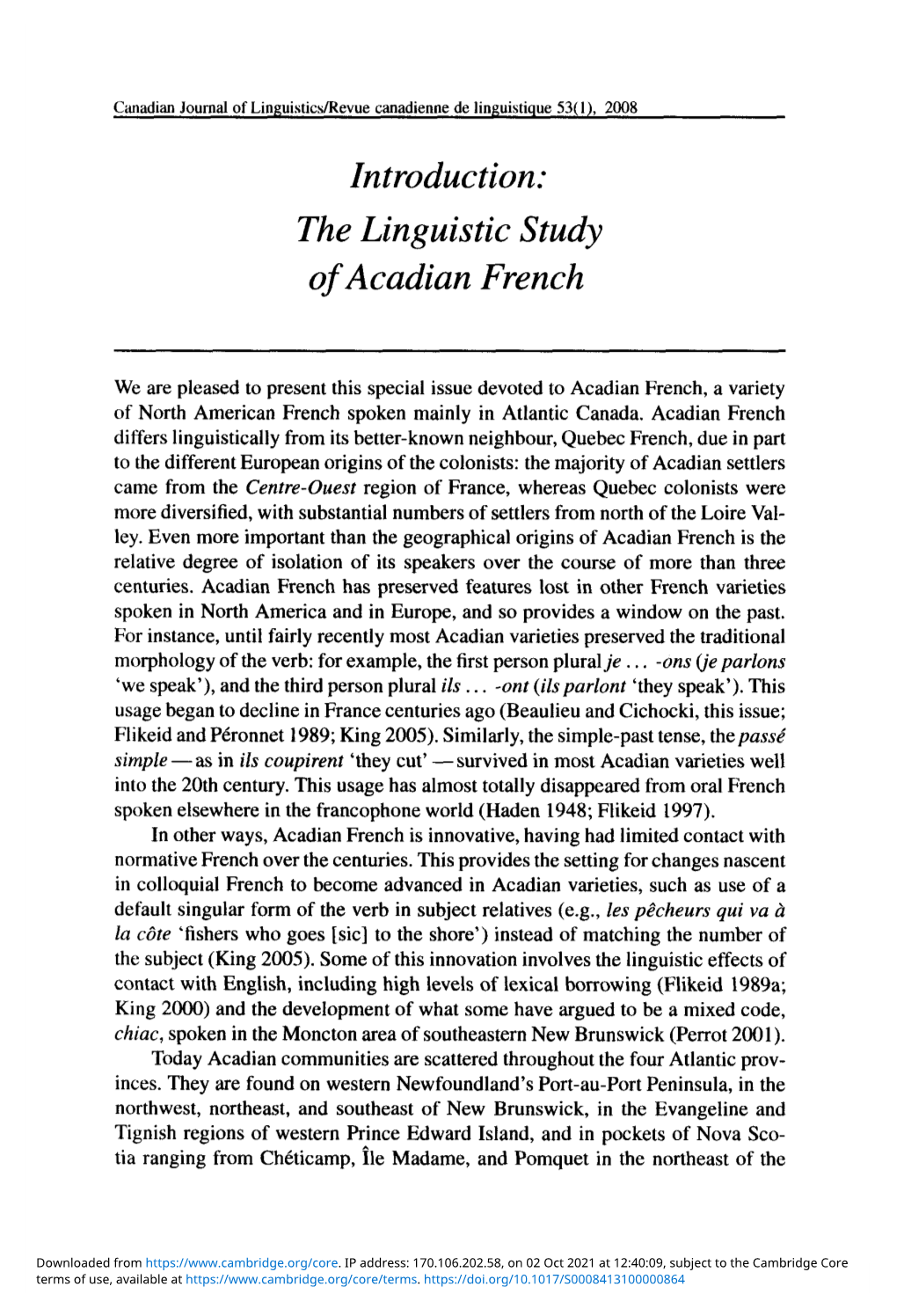 Introduction: the Linguistic Study of Acadian French