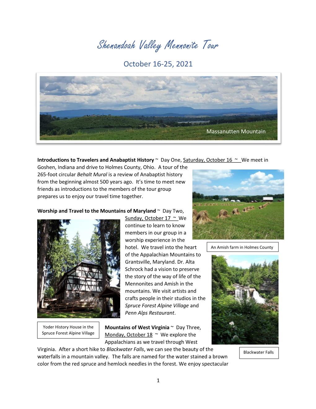 Shenandoah Valley Mennonite Tour October 16-25, 2021
