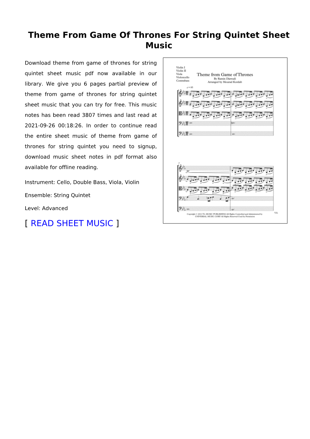 Theme from Game of Thrones for String Quintet Sheet Music