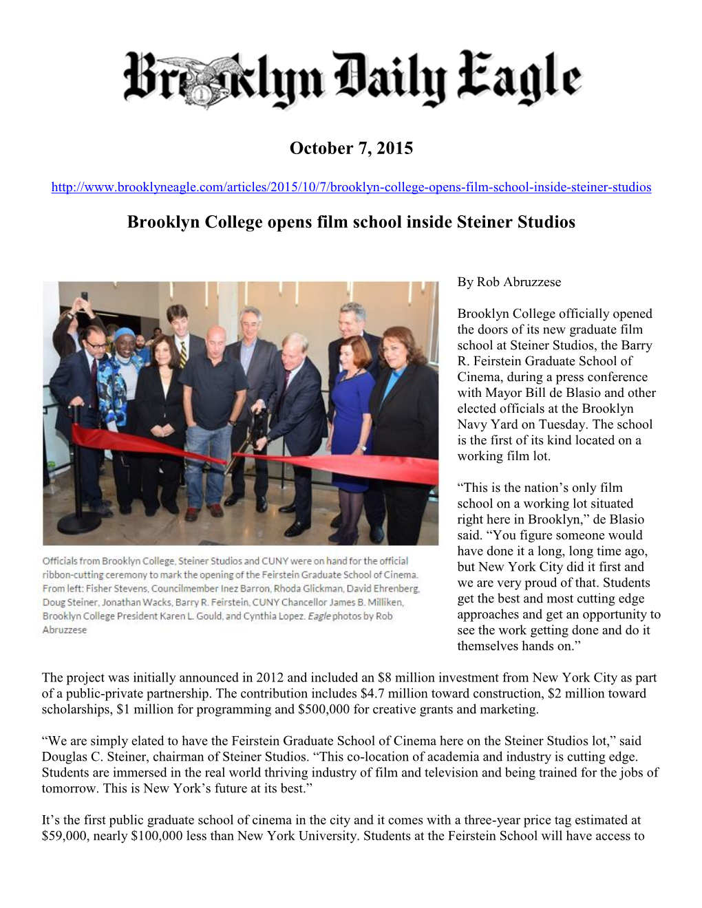 Brooklyn College Opens Film School Inside Steiner Studios