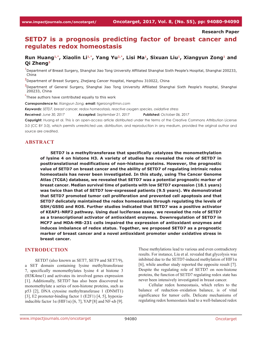 SETD7 Is a Prognosis Predicting Factor of Breast Cancer and Regulates Redox Homeostasis