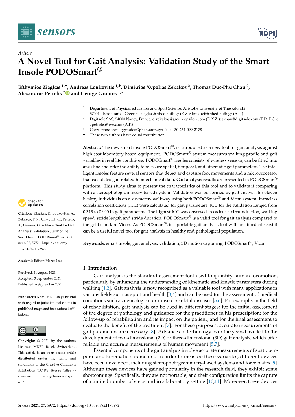 A Novel Tool for Gait Analysis: Validation Study of the Smart Insole Podosmart®