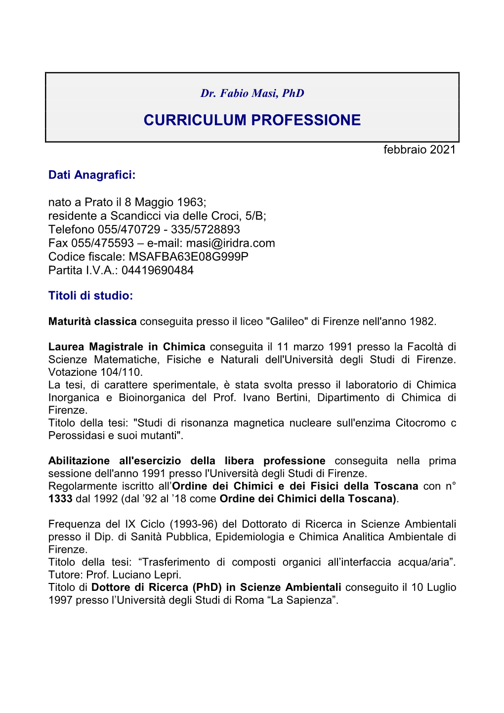 Curriculum Professione