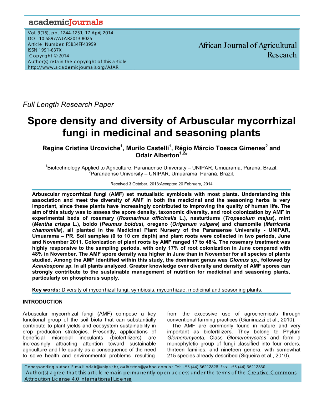 Spore Density and Diversity of Arbuscular Mycorrhizal Fungi in Medicinal and Seasoning Plants