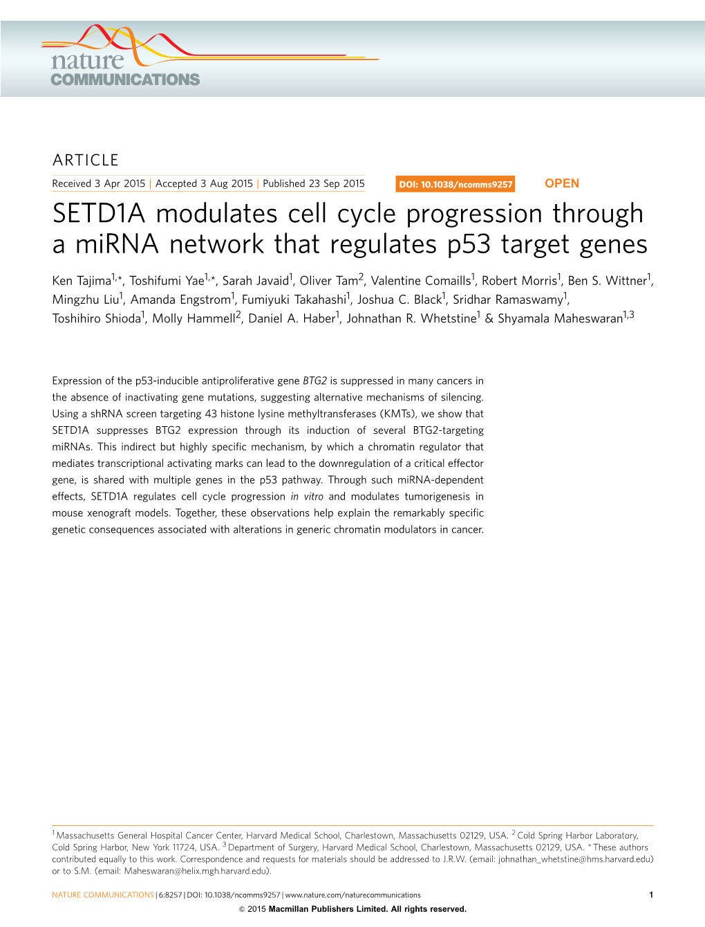 SETD1A Modulates Cell Cycle Progression Through a Mirna Network That Regulates P53 Target Genes