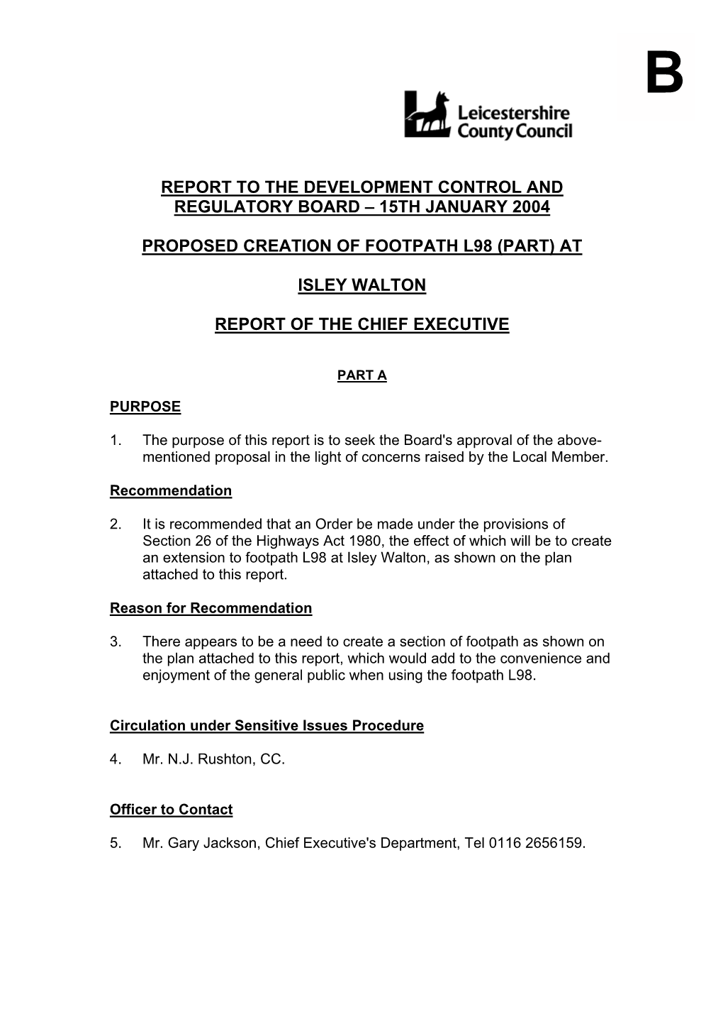 15Th January 2004 Proposed Creation of Footpath