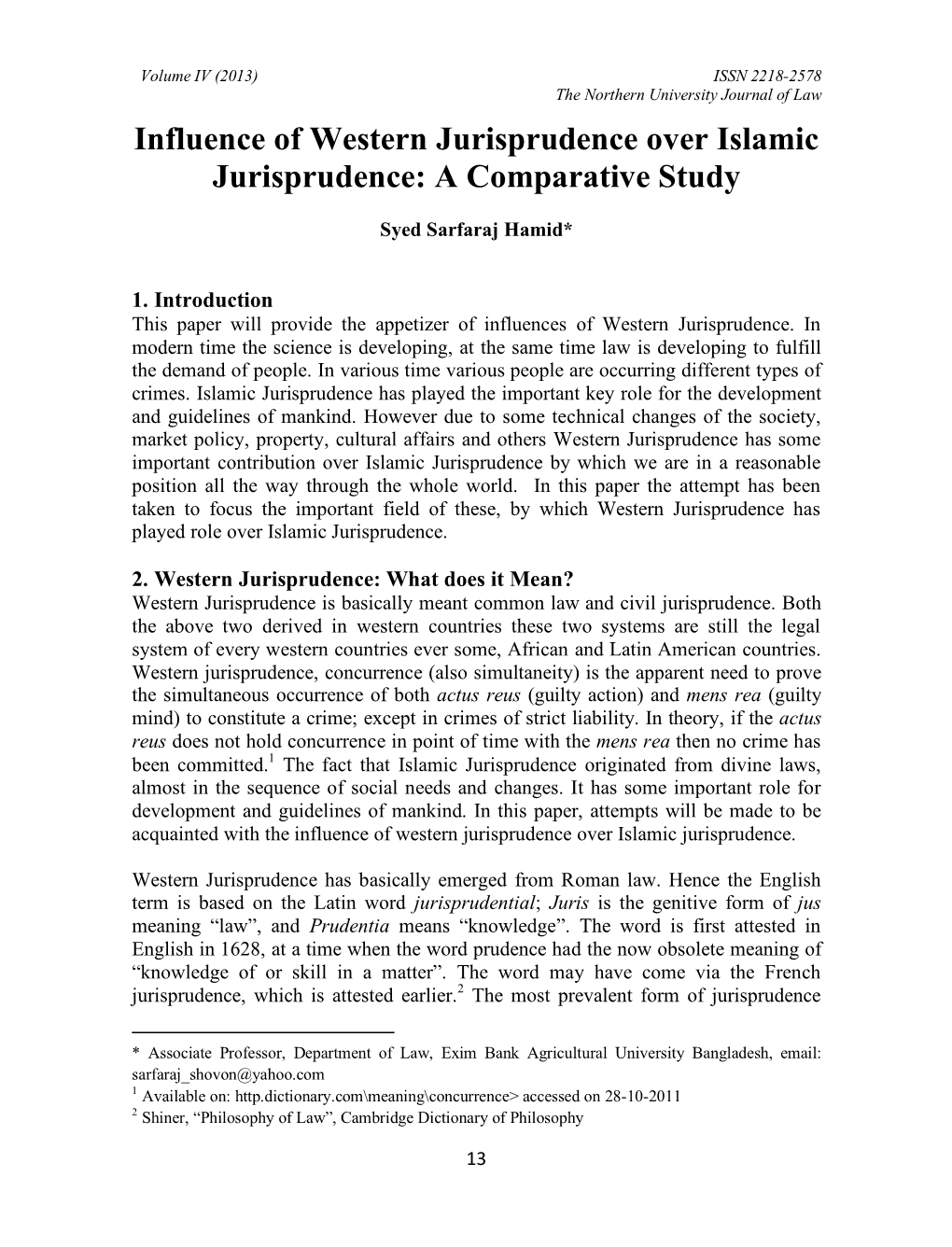 Influence of Western Jurisprudence Over Islamic Jurisprudence: a Comparative Study