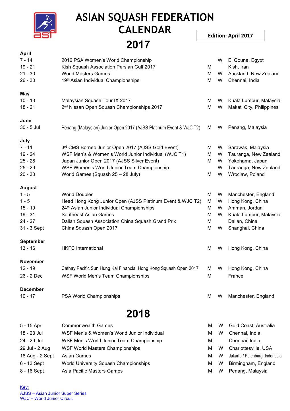 Asian Squash Federation Calendar 2017 2018