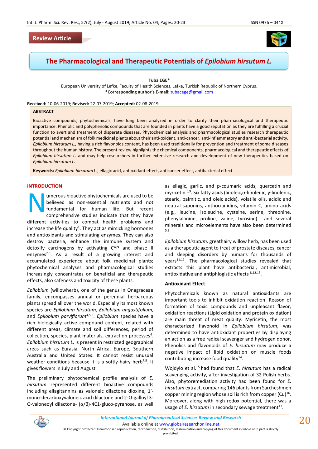 The Pharmacological and Therapeutic Potentials of Epilobium Hirsutum L