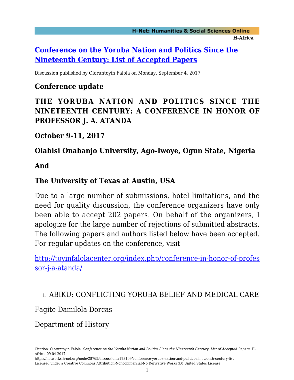 Conference on the Yoruba Nation and Politics Since the Nineteenth Century: List of Accepted Papers