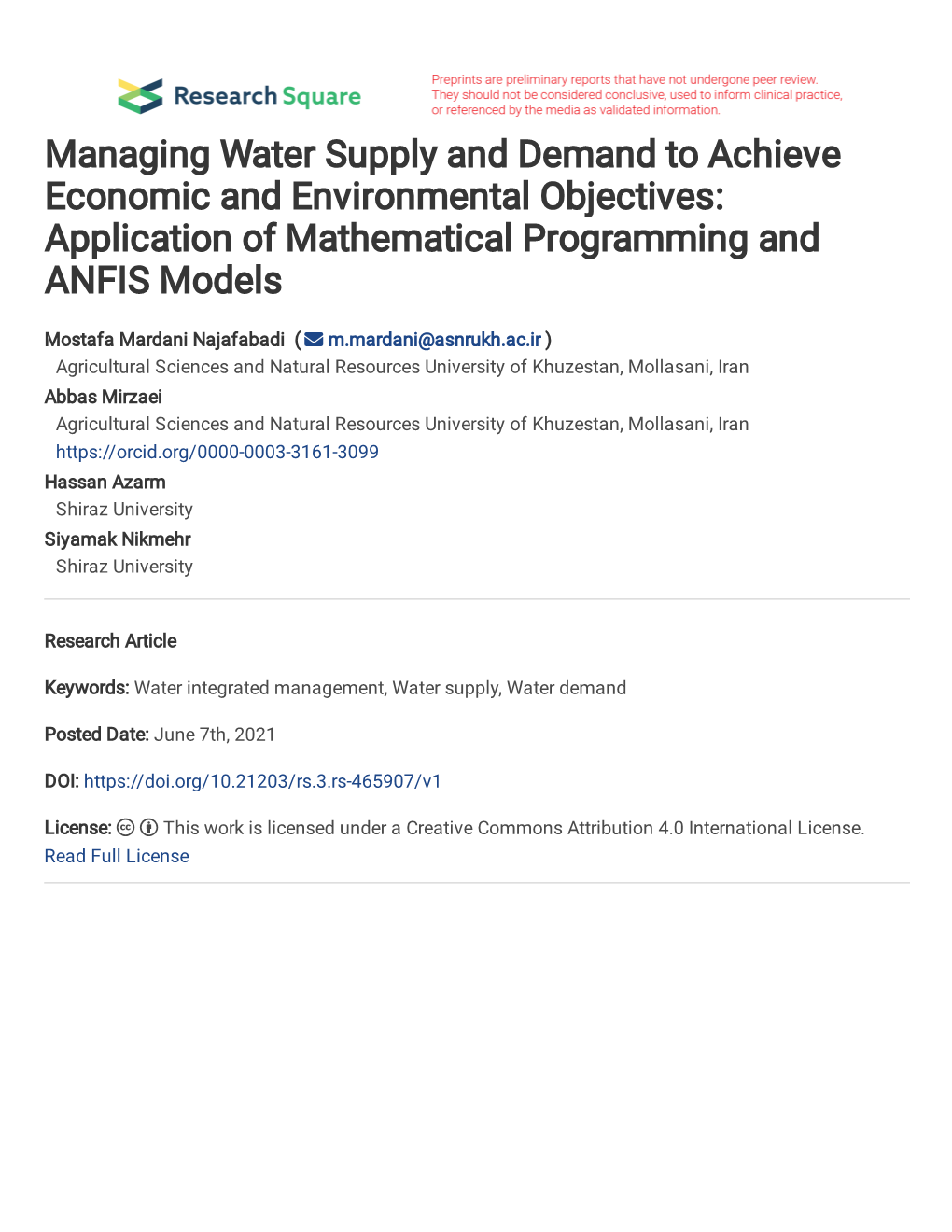 Managing Water Supply and Demand to Achieve Economic and Environmental Objectives: Application of Mathematical Programming and ANFIS Models