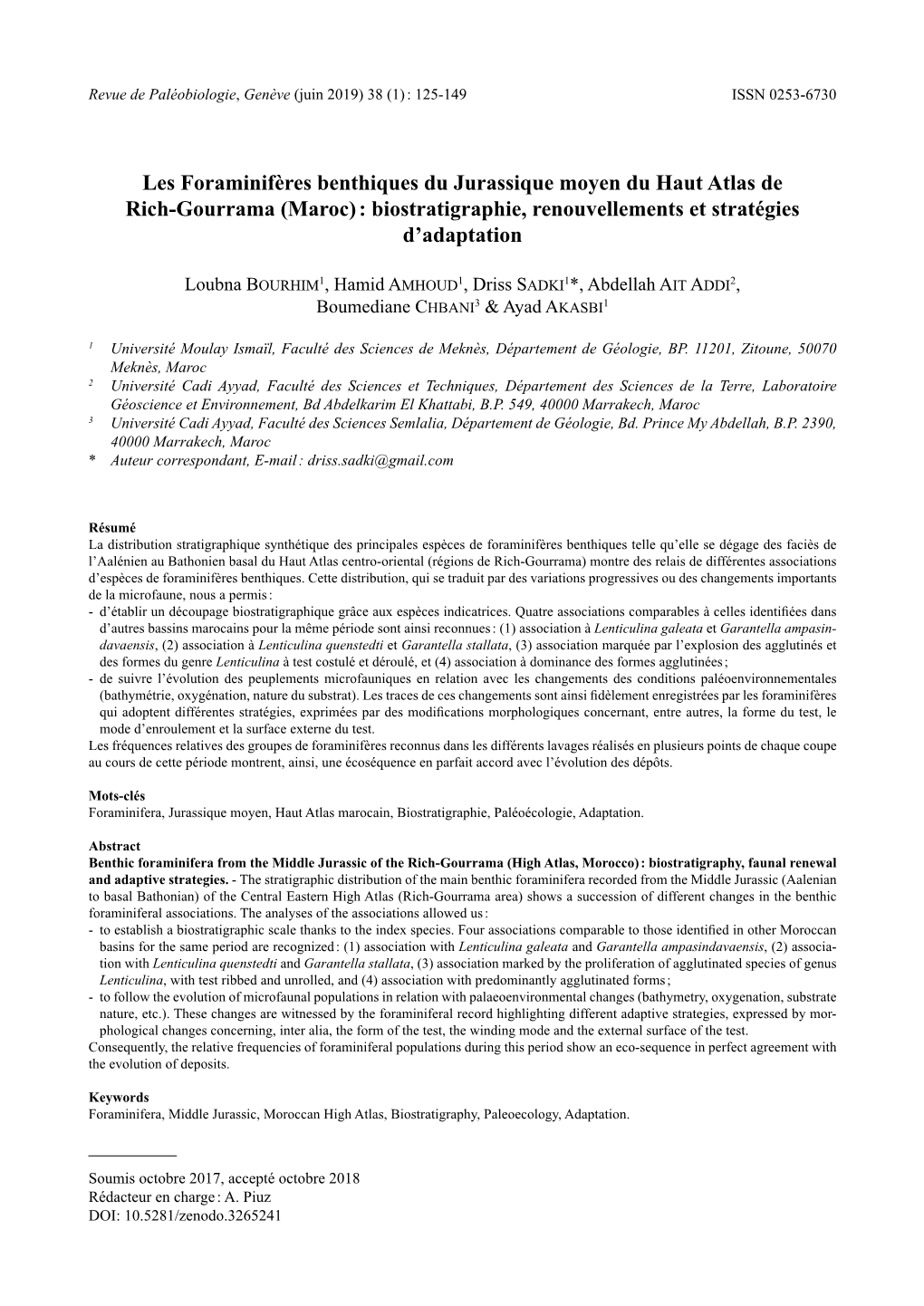 Les Foraminifères Benthiques Du Jurassique Moyen Du Haut Atlas De Rich-Gourrama (Maroc) : Biostratigraphie, Renouvellements Et Stratégies D’Adaptation