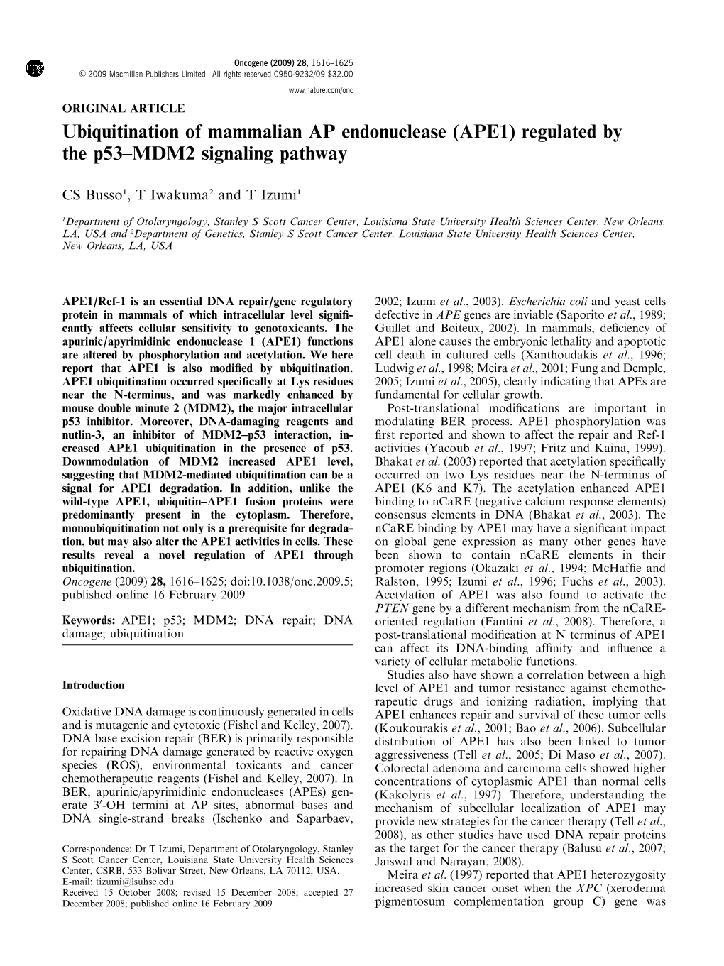 Ubiquitination of Mammalian AP Endonuclease (APE1) Regulated by the P53–MDM2 Signaling Pathway