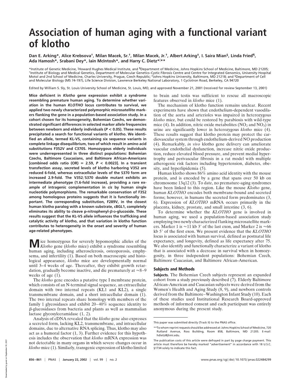 Association of Human Aging with a Functional Variant of Klotho