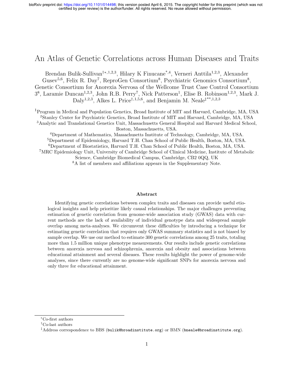 An Atlas of Genetic Correlations Across Human Diseases and Traits