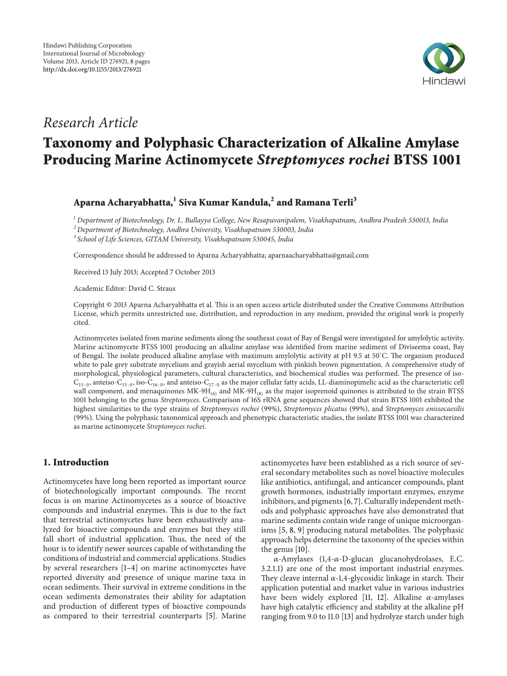 Research Article Taxonomy and Polyphasic Characterization of Alkaline Amylase Producing Marine Actinomycete Streptomyces Rochei BTSS 1001