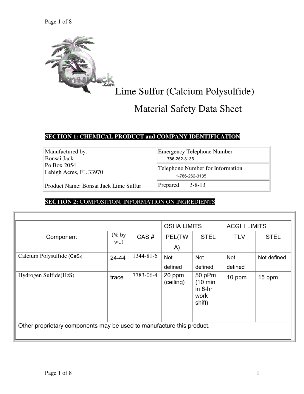 Lime Sulfur (Calcium Polysulfide) Material Safety Data Sheet